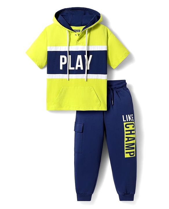 Pine Kids Cotton Knit Half Sleeves Hooded T-Shirt & Lounge Pant with Text Print - Navy Blue & Yellow
