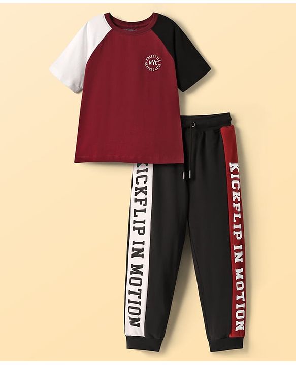 Pine Kids Cotton Knit Half Raglan Sleeves T-Shirt & Trouser with Click Flip In Motion Text Print - Black & Maroon