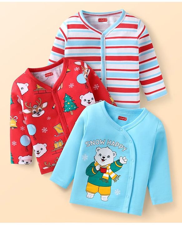 Babyhug 100% Cotton Interlock Knit Full Sleeves Front Open Vests With Stripes & Animal Print Pack Of 3 - Light Blue Red & White