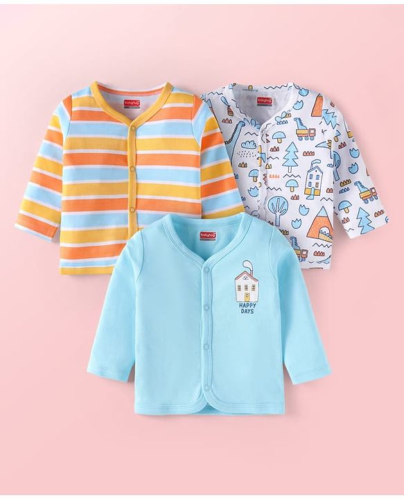 Babyhug 100% Cotton Knit Full Sleeves Front Open Vests with Jungle Theme Print & Stripes Pack of 3 - Light Blue White & Yellow