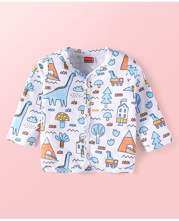 Babyhug 100% Cotton Knit Full Sleeves Front Open jhablas with Jungle Theme Print & Stripes Pack of 3 - Light Blue White & Yellow