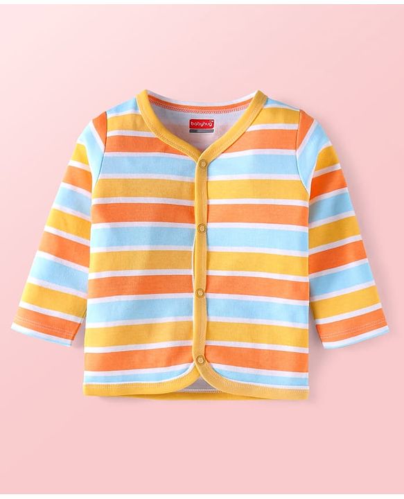 Babyhug 100% Cotton Knit Full Sleeves Front Open jhablas with Jungle Theme Print & Stripes Pack of 3 - Light Blue White & Yellow