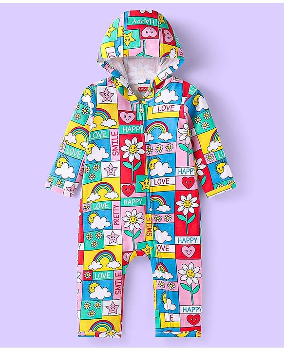 Babyhug 100% Cotton Knit Full Sleeves Hooded Romper with Text & Bear Print - Yellow Blue & Red