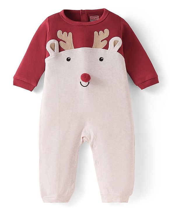 Babyhug 100% Cotton Interlock Knit Full Sleeves Romper with Raindeer Print & Applique - Dark Red & Beige