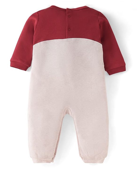 Babyhug 100% Cotton Interlock Knit Full Sleeves Romper with Raindeer Print & Applique - Dark Red & Beige