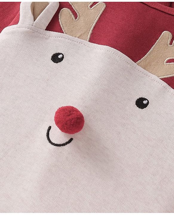 Babyhug 100% Cotton Interlock Knit Full Sleeves Romper with Raindeer Print & Applique - Dark Red & Beige
