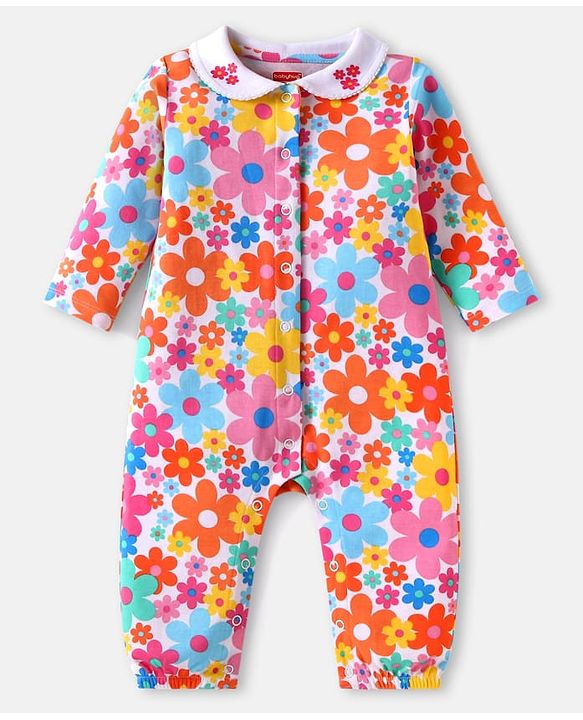 Babyhug 100% Cotton Knit Full Sleeves Front Open Romper with Floral Print - Multicolor