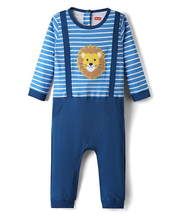 Babyhug 100% Cotton Interlock Knit Full Length Romper with Stripe & Lion Patch - Blue