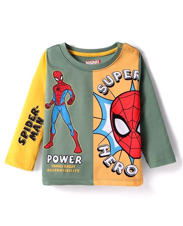 Babyhug Marvel Single Jersey Knit Full Sleeves Cut & Sew Full Sleeves T-Shirts with Spiderman Graphics - Green & Yellow