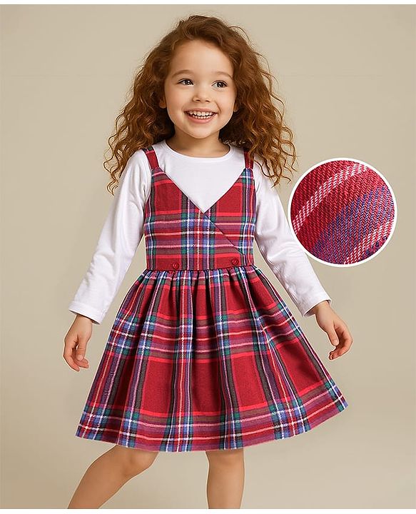 Babyhug Woven Full Sleeves Frock & Shrug With Checks Print - Red