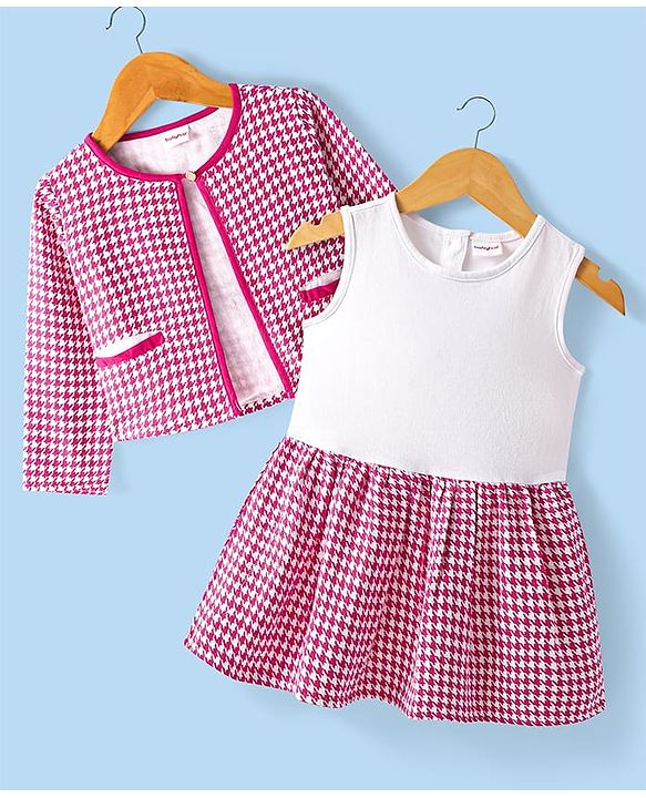 Babyhug Woven Checkered Frock & Full Sleeves Jacket - Dark Pink