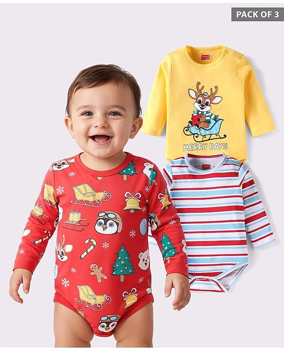 Babyhug 100% Cotton Knit Full Sleeves Onesies with Christmas Theme Print Pack of 3 - Red & Yellow