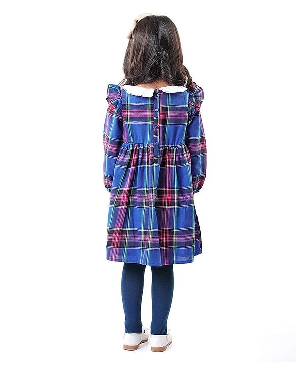 Babyhug Woven Full Sleeves Checkered Frock With Bow Applique & Stockings - Navy Blue