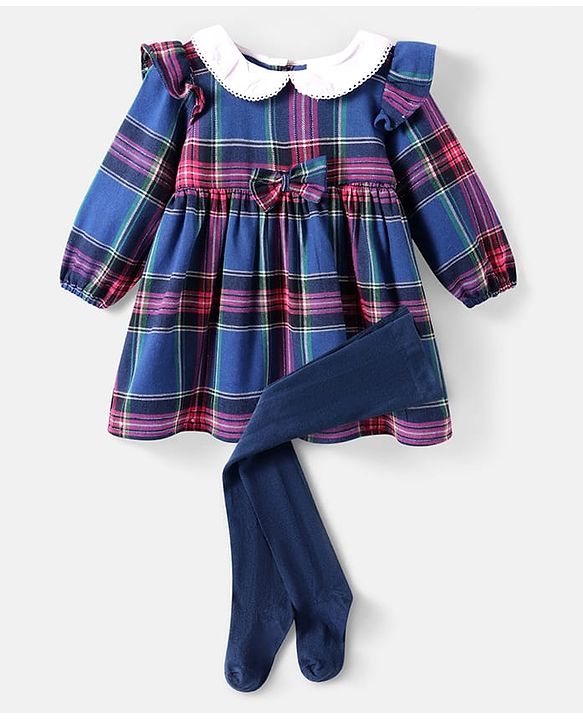 Babyhug Woven Full Sleeves Checkered Frock With Bow Applique & Stockings - Navy Blue