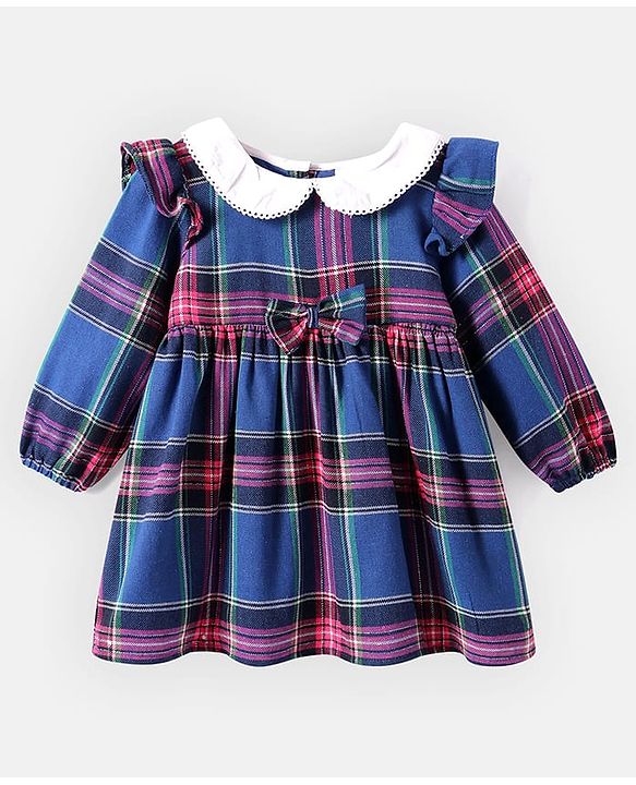Babyhug Woven Full Sleeves Checkered Frock With Bow Applique & Stockings - Navy Blue