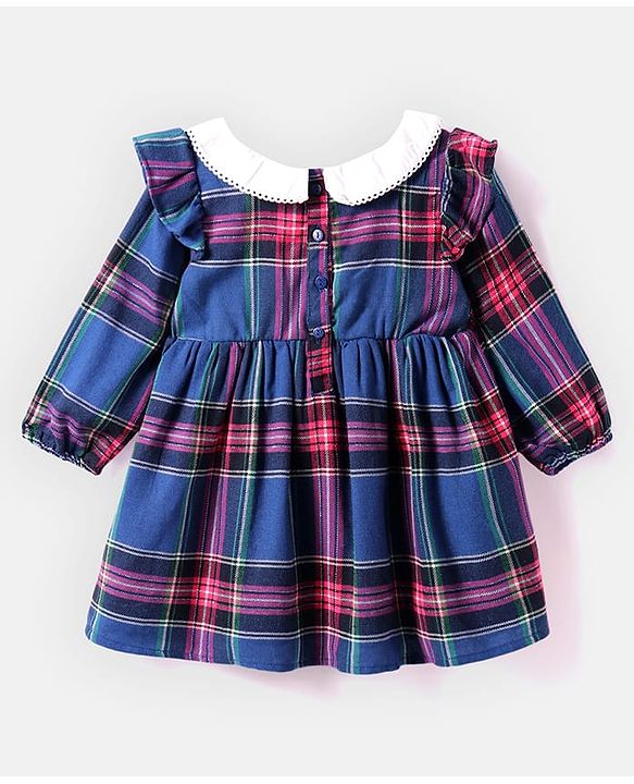 Babyhug Woven Full Sleeves Checkered Frock With Bow Applique & Stockings - Navy Blue