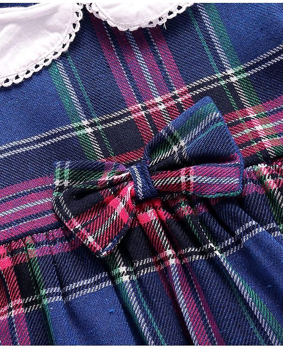 Babyhug Woven Full Sleeves Checkered Frock With Bow Applique & Stockings - Navy Blue