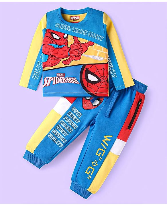 Babyhug Marvel Single Jersey Knit Full Sleeves Cut & Sew Spider Man Printed T-Shirt & Joggers Set - Blue Yellow & Red