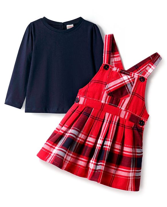 Babyhug Woven Full Sleeves Solid Top with Checkered Frock   - Navy Blue & Red