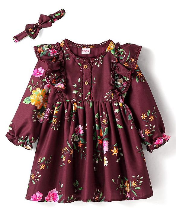 Babyhug Woven Full Sleeves Floral Printed Frock With Frill Detail & Headband - Maroon