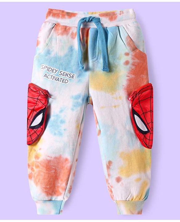 Babyhug Marvel Terry Knit Tie & Dye Full Length Lounge Pants With  Spiderman Graphic - Red