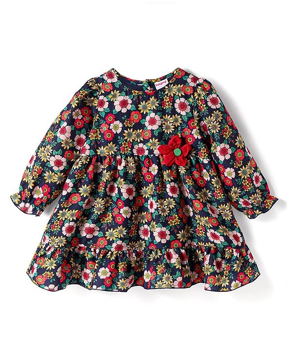 Babyhug Woven Full Sleeves Floral Printed Frock with Headband & Floral Applique - Navy Blue