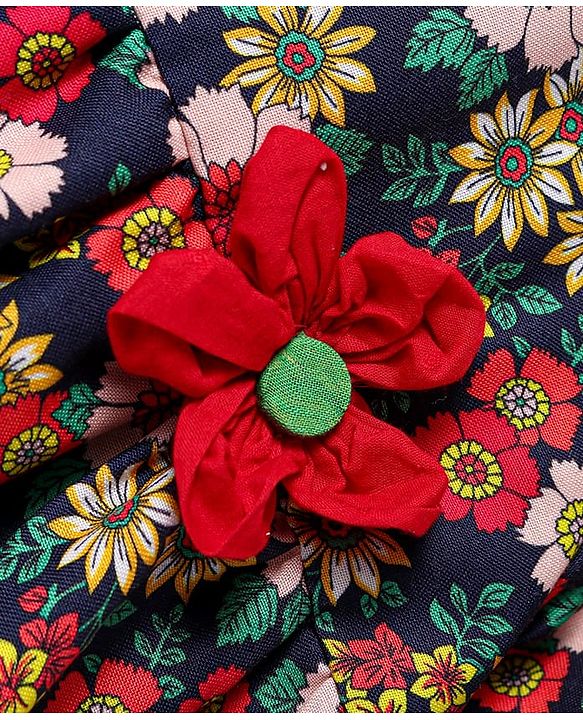 Babyhug Woven Full Sleeves Floral Printed Frock with Headband & Floral Applique - Navy Blue