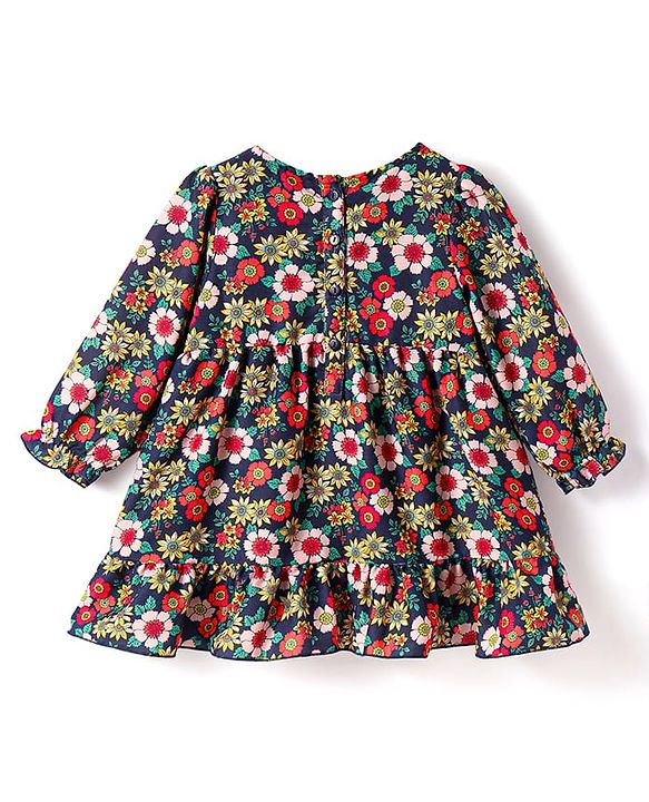 Babyhug Woven Full Sleeves Floral Printed Frock with Headband & Floral Applique - Navy Blue