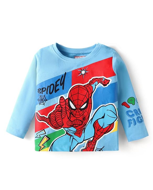 Babyhug Marvel Cotton Knit Full Sleeves T-Shirt with Spider Man Graphic - Light Blue