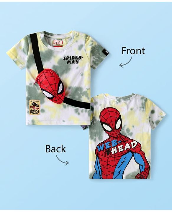 Babyhug Marvel Cotton Knit Half Sleeves Tie Dye T-Shirt with Front & Back Spiderman Graphic & Attached Pouch Applique - White & Red