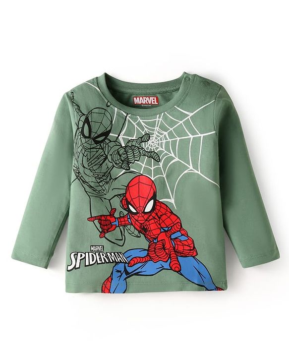 Babyhug Marvel Cotton Knit Full Sleeves T-Shirt with Spider Man Graphic - Green