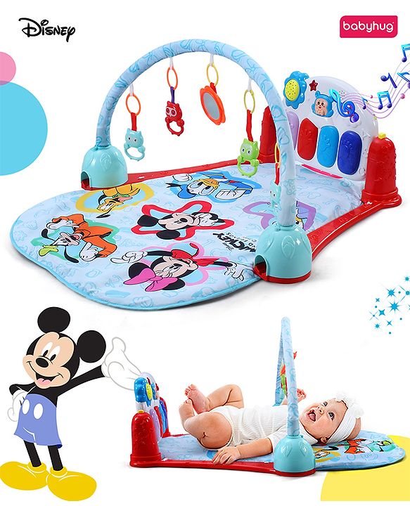 Babyhug Premium Disney Mickey & Friends Musical Baby Play Gym|Piano, Lights, Rattles & Tummy Time Mat | Fitness Rack with Hanging Rattles Interactive Learning Keyboard Piano| BIS Certified