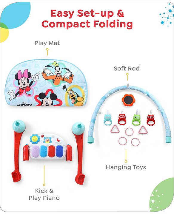 Babyhug Premium Disney Mickey & Friends Musical Baby Play Gym|Piano, Lights, Rattles & Tummy Time Mat | Fitness Rack with Hanging Rattles Interactive Learning Keyboard Piano| BIS Certified