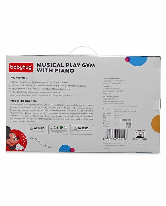 Babyhug Premium Disney Mickey & Friends Musical Baby Play Gym|Piano, Lights, Rattles & Tummy Time Mat | Fitness Rack with Hanging Rattles Interactive Learning Keyboard Piano| BIS Certified