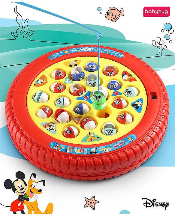 Babyhug Disney Premium Battery Operated Musical Board Fish Game with Rotating Pond| 21 Fishes & 4 Fishing Rods with Sound and Musical Gifting Toy - Red & Yellow