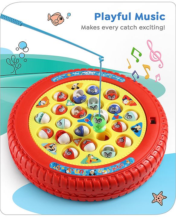 Babyhug Disney Premium Battery Operated Musical Board Fish Game with Rotating Pond| 21 Fishes & 4 Fishing Rods with Sound and Musical Gifting Toy - Red & Yellow
