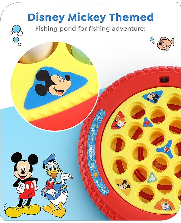 Babyhug Disney Premium Battery Operated Musical Board Fish Game with Rotating Pond| 21 Fishes & 4 Fishing Rods with Sound and Musical Gifting Toy - Red & Yellow