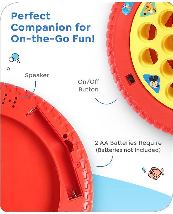 Babyhug Disney Premium Battery Operated Musical Board Fish Game with Rotating Pond| 21 Fishes & 4 Fishing Rods with Sound and Musical Gifting Toy - Red & Yellow