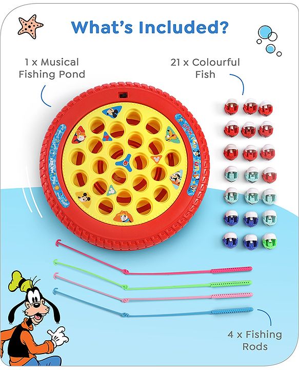 Babyhug Disney Premium Battery Operated Musical Board Fish Game with Rotating Pond| 21 Fishes & 4 Fishing Rods with Sound and Musical Gifting Toy - Red & Yellow