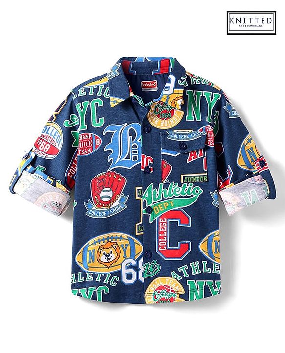 Babyhug Cotton Knit Full Sleeves  Shirt with Sports Text Print- Navy Blue