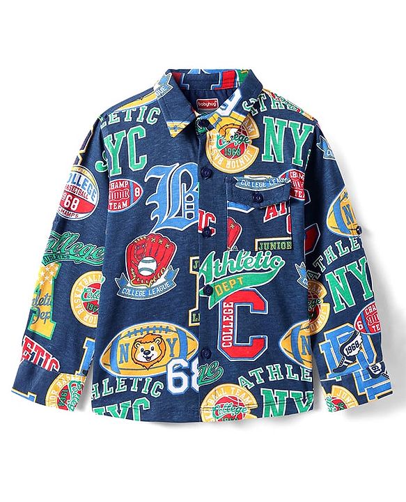 Babyhug Cotton Knit Full Sleeves  Shirt with Sports Text Print- Navy Blue