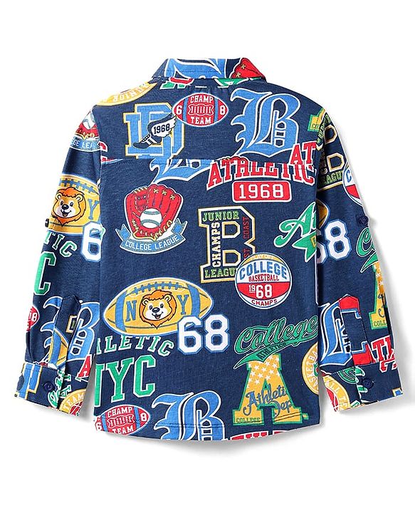 Babyhug Cotton Knit Full Sleeves  Shirt with Sports Text Print- Navy Blue