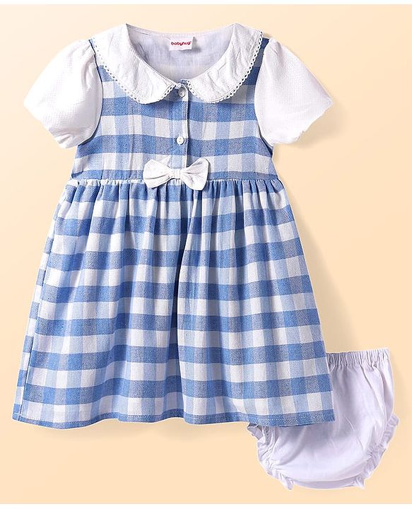 Babyhug Woven Half  Sleeves Peter Pan Collared Checkered Frock with Bow Applique & Bloomer - Light Blue