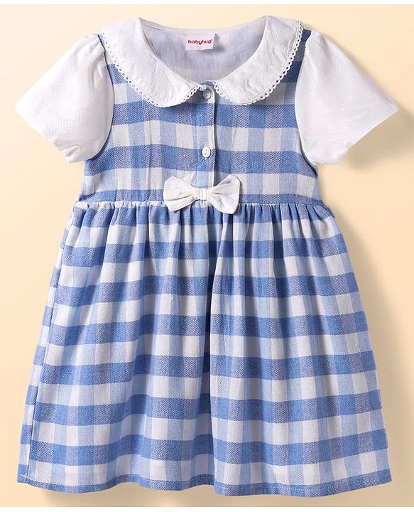 Babyhug Woven Half  Sleeves Peter Pan Collared Checkered Frock with Bow Applique & Bloomer - Light Blue