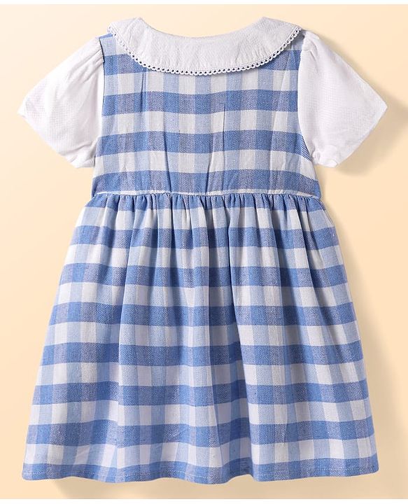 Babyhug Woven Half  Sleeves Peter Pan Collared Checkered Frock with Bow Applique & Bloomer - Light Blue