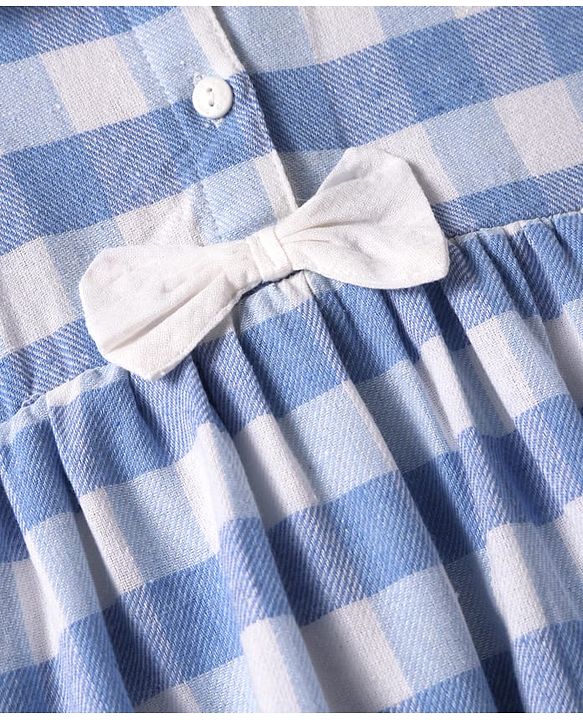 Babyhug Woven Half  Sleeves Peter Pan Collared Checkered Frock with Bow Applique & Bloomer - Light Blue