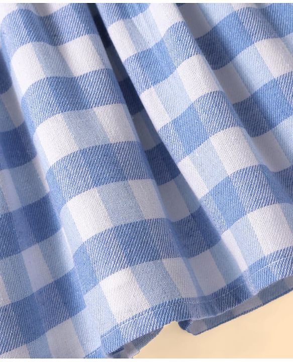 Babyhug Woven Half  Sleeves Peter Pan Collared Checkered Frock with Bow Applique & Bloomer - Light Blue
