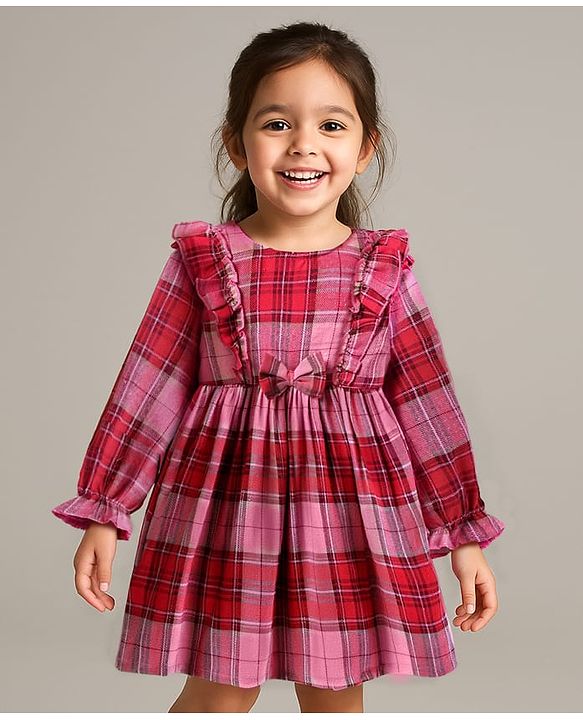 Babyhug Woven Full Sleeves Checkered Frock with Bow Applique & Frill Detailing - Red