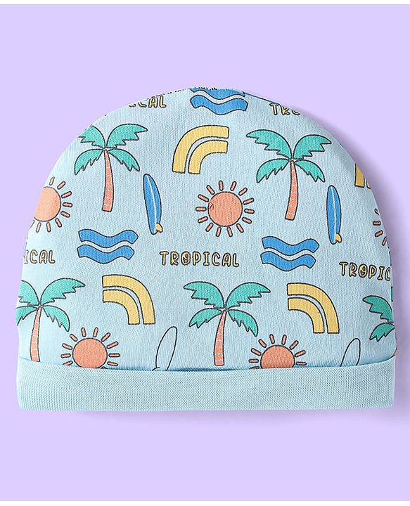 Babyhug Interlock Cotton Knit Tropical & Stripe Printed Caps Pack Of 2 - Blue & Yellow