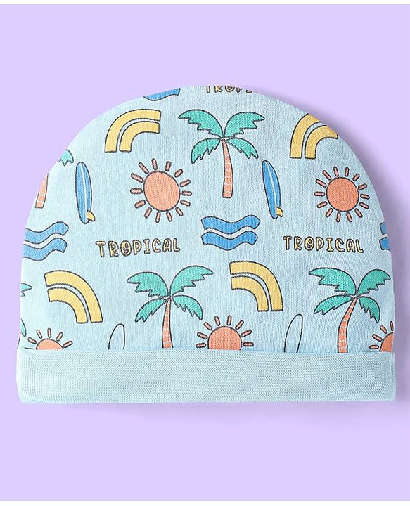 Babyhug Interlock Cotton Knit Tropical & Stripe Printed Caps Pack Of 2 - Blue & Yellow